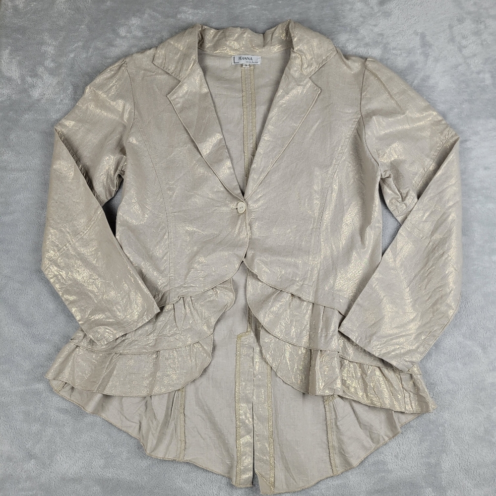Hanna For La Journee Women's Blazer Metalic Linen Blend Lagenlook Size 3 8 - 10